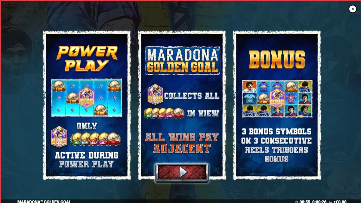 Maradona Golden Goal slot machine interface featuring football legend Diego Maradona